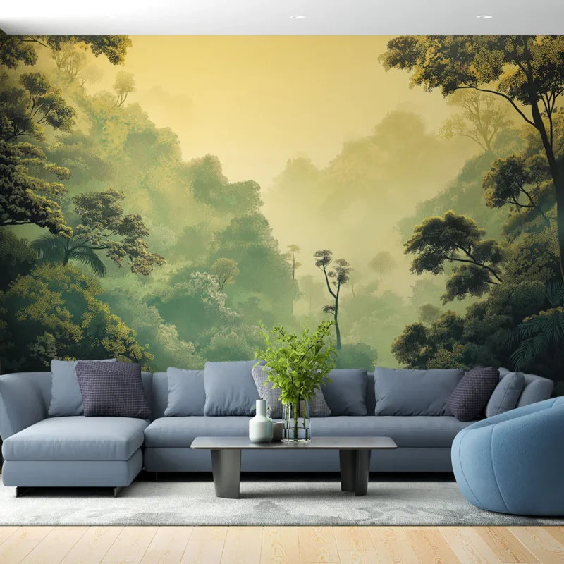 Papier peint forêt tropicale Paysage luxuriant aux nuances douces et brumeuses Soldes