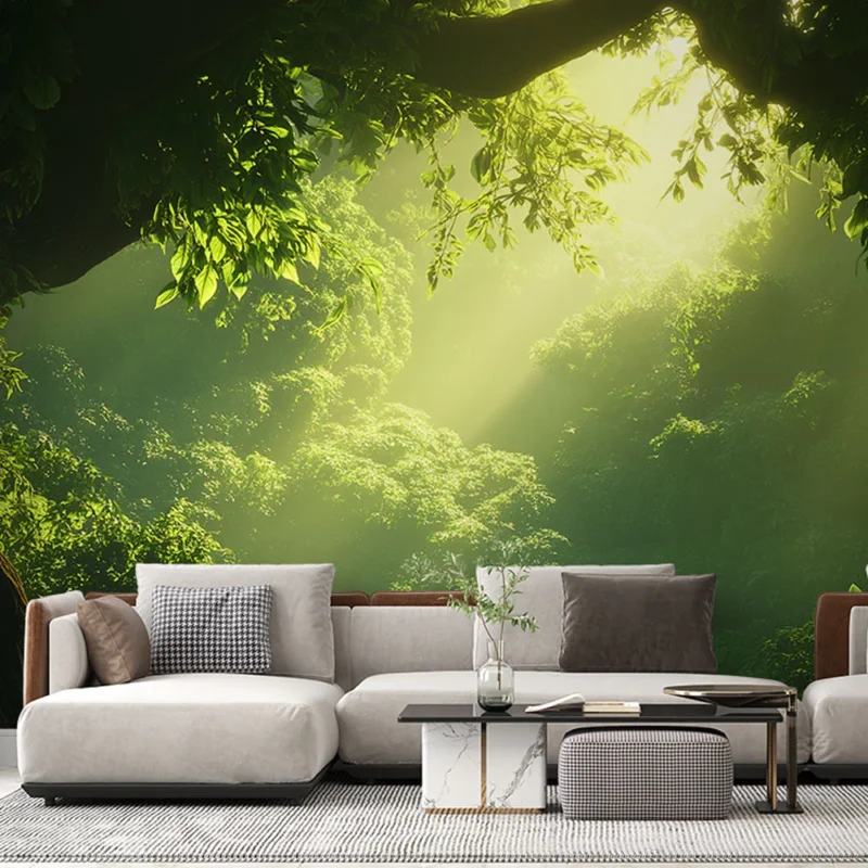 Authentique Papier peint forêt lumineuse Une cascade de lumière à travers la verdure luxuriante