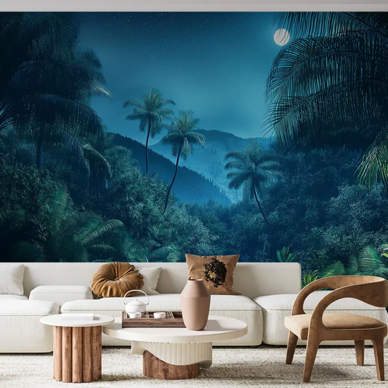 Livraison Express Papier peint jungle nocturne Scène apaisante d‘une jungle sous la lune