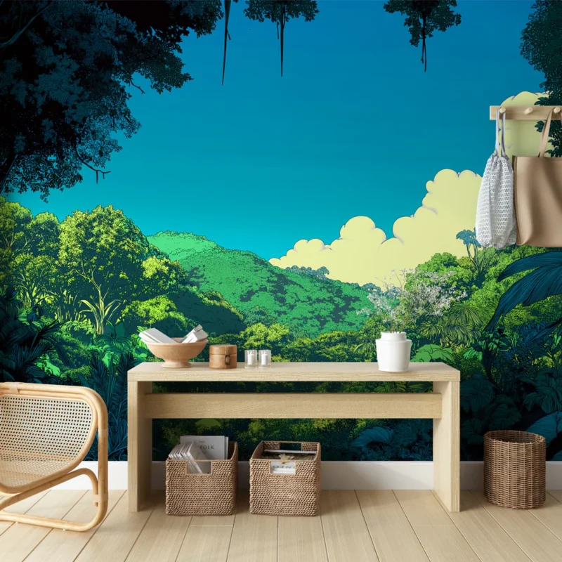 Papier peint jungle Paysage luxuriant avec verdure vibrante et ciel bleu Offre Spéciale