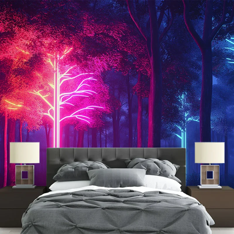 Papier peint forêt lumineuse Arbres néon aux couleurs vibrantes dans un paysage mystique Livraison Express