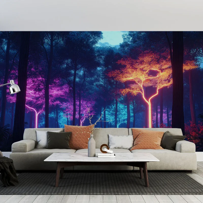 Affaire À Saisir Papier peint forêt lumineuse Arbres néon dans une ambiance nocturne enchantée