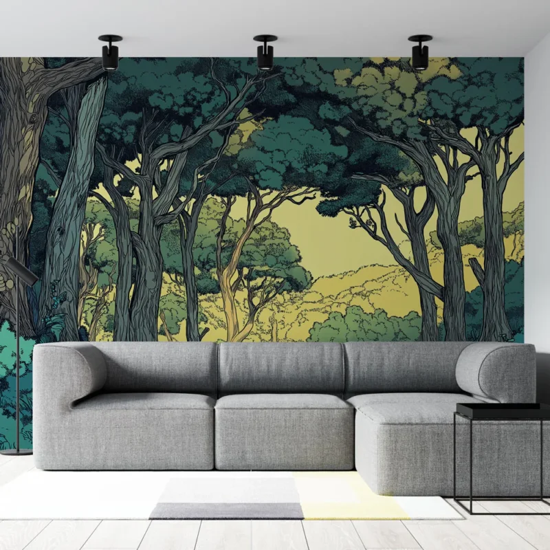 Papier peint forêt enchantée Un paysage forestier apaisant avec des nuances de vert et de jaune Affaire À Saisir