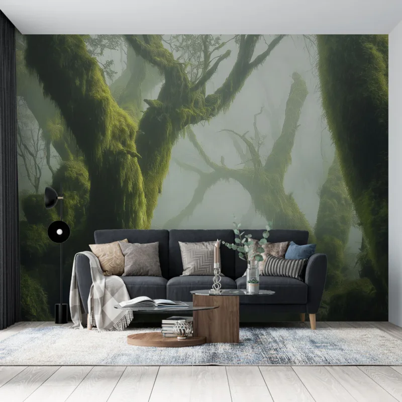 Offre Du Jour Papier peint forêt enchantée Arbres mystiques recouverts de mousses vertes dans la brume