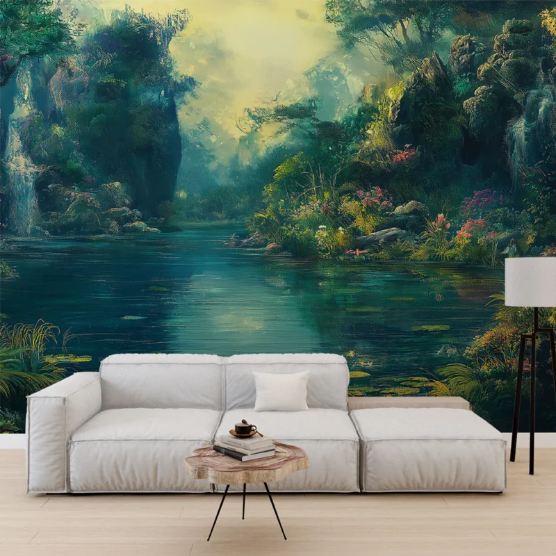 Papier peint forêt Rivière paisible avec fleurs et cascades Marque