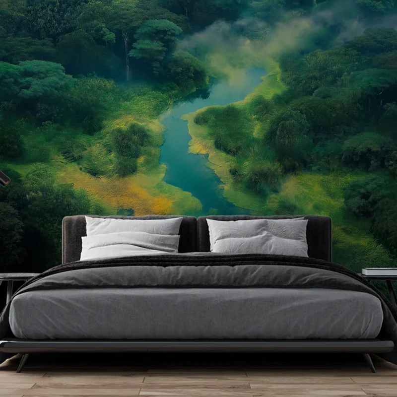 Papier peint forêt luxuriante Rivière serpentine au milieu d‘une végétation dense Certifié