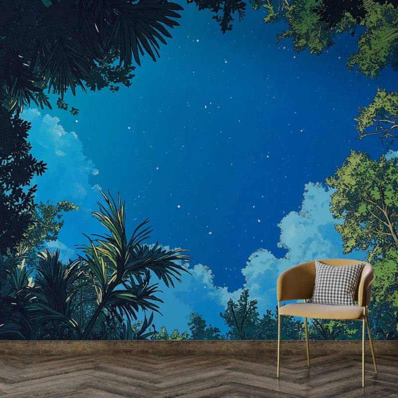 Papier peint ciel étoilé Vue en contre-plongée de la canopée vers un ciel nocturne Solde