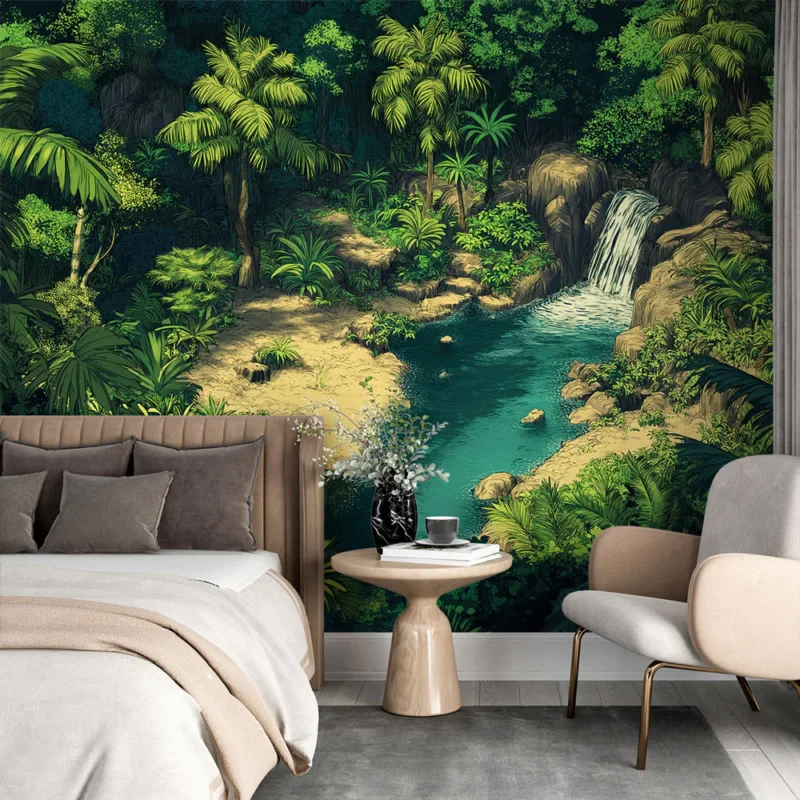 Papier peint jungle Paysage luxuriant avec cascade et végétation tropicale Promotion