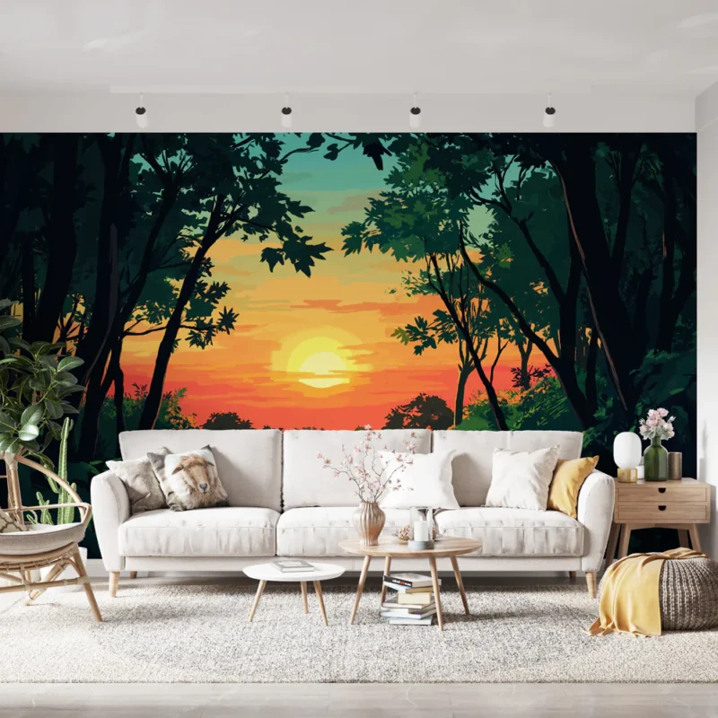 Papier peint coucher de soleil Paysage luxuriant avec coucher de soleil vibrant Produit De Marque