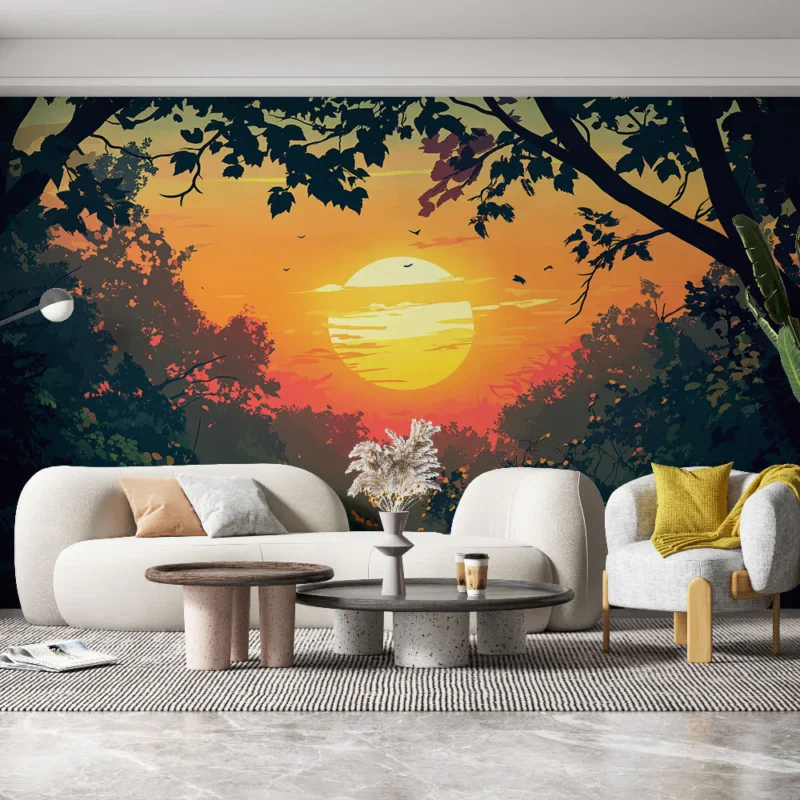 Papier peint coucher de soleil Scène de forêt vibrante au crépuscule Acheter En Ligne