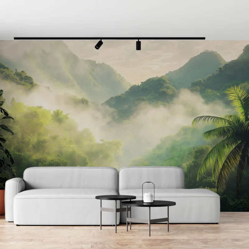 Nouvel Arrivage Papier peint forêt tropicale Paysage de montagne brumeux avec verdure luxuriante
