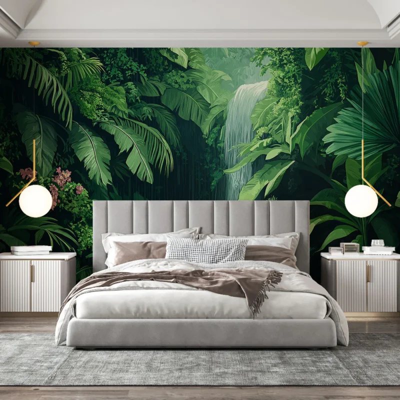 Bon Marché Papier peint jungle Cascade verdoyante entre des feuillages luxuriants