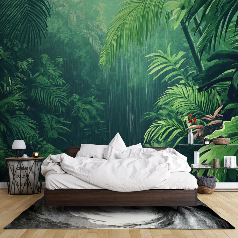 Papier peint jungle Étendue luxuriante de feuillages tropicaux sous la pluie Offre Limitée