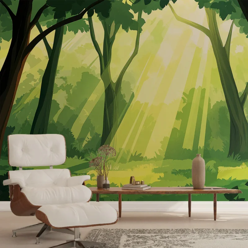 Papier peint forêt lumineuse Rayons de soleil à travers les arbres verts Offre Du Jour