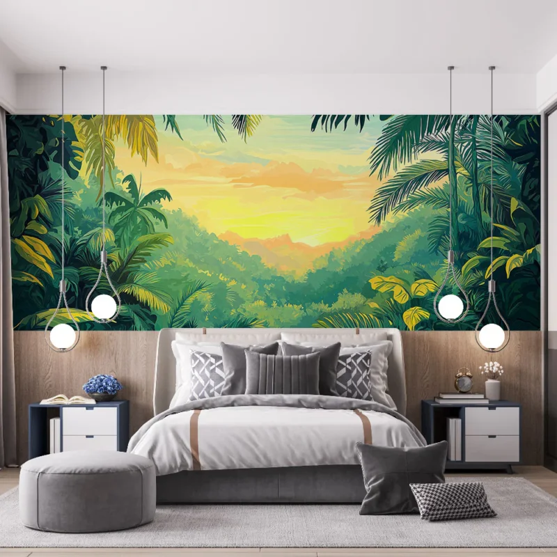 Papier peint jungle tropicale Paysage luxuriant avec palette colorée au coucher du soleil Dernière Chance