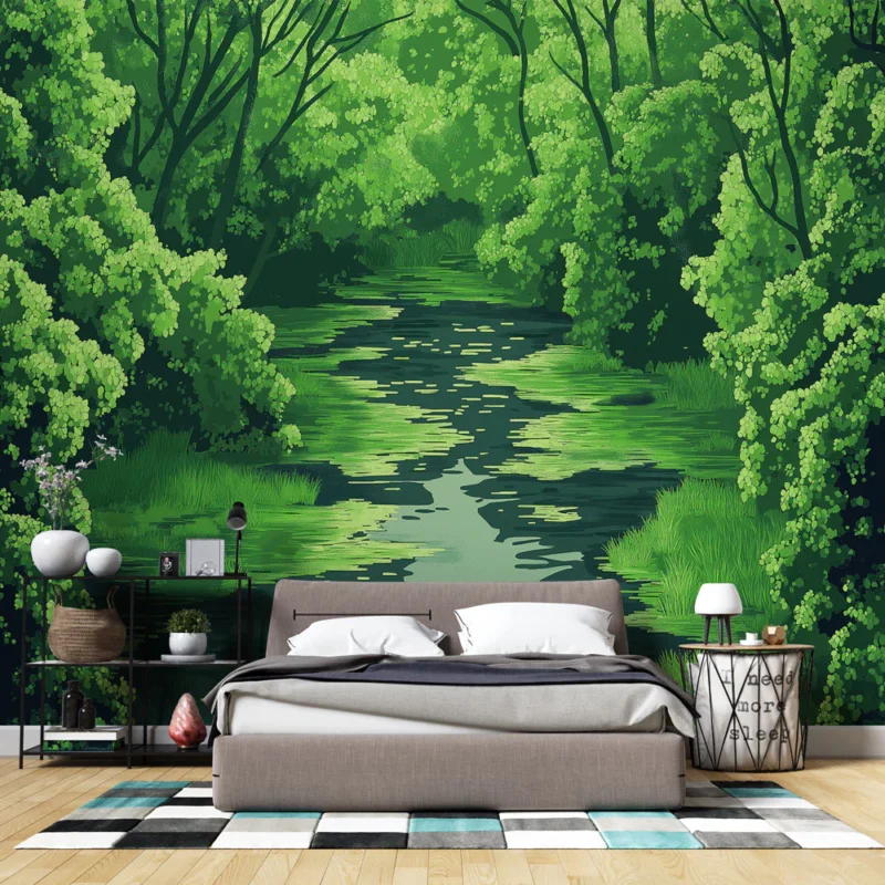 Papier peint forêt verte Ruisseau entouré de feuillage luxuriant Commander Vite