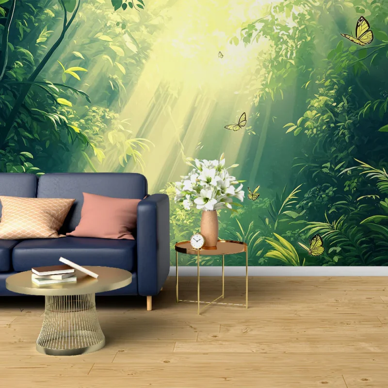 Papier peint forêt tropicale Lumières dorées et papillons dans une jungle verdoyante Populaire