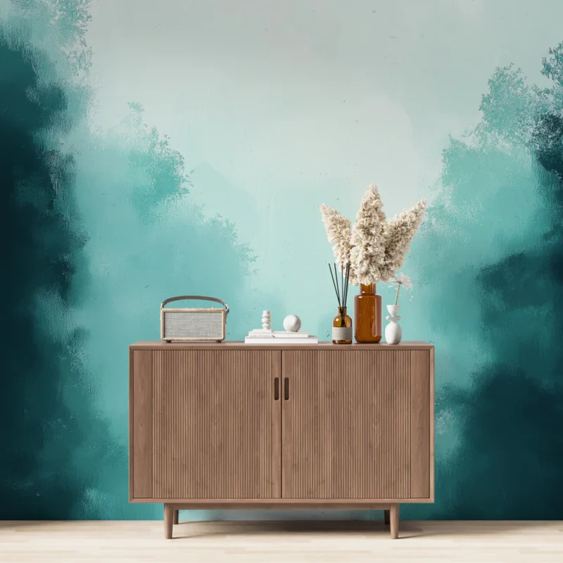 Papier peint forêt brumeuse Paysage doux avec une touche d‘aquarelle turquoise Dernier Modèle
