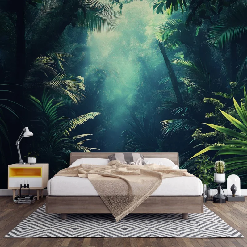 Papier peint jungle Forêt tropicale dense avec lumières mystérieuses Top Vente