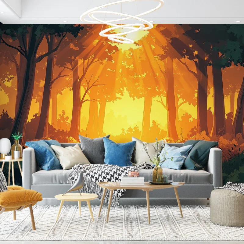 Expédié Aujourd'hui Papier peint forêt dorée Lumière enchanteresse à travers les arbres