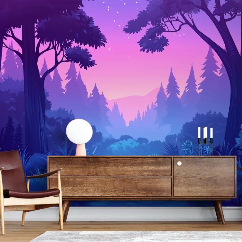 Authentique Papier peint forêt enchantée Paysage mystique aux teintes violettes et bleues