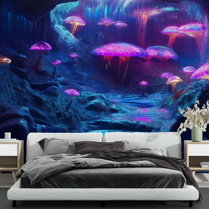 Achat Immédiat Papier peint champignons lumineux Un paysage féérique de champignons fluorescents dans une grotte