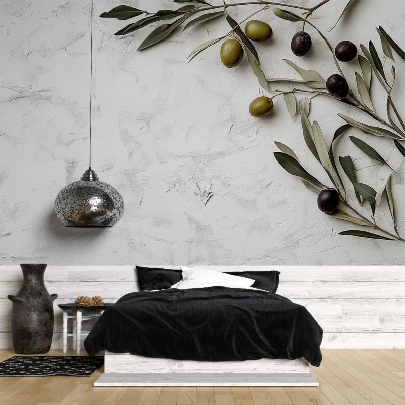 Meilleur Choix Papier peint olivier Branches d‘olivier stylisées avec olives vertes et noires sur fond texturé