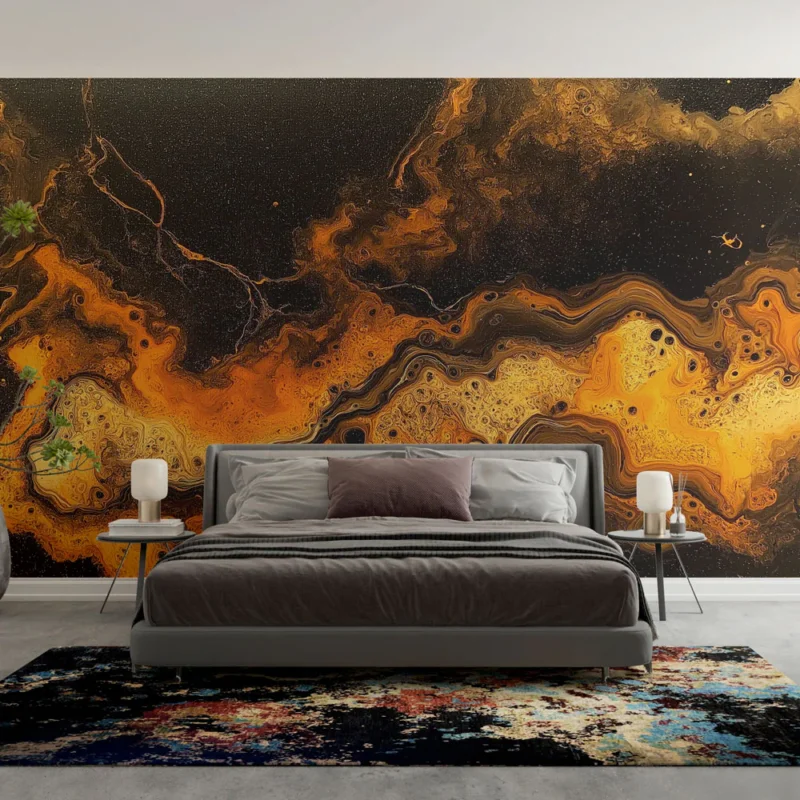 Papier peint abstrait Motif ondulant en noir et orange Nouvel Arrivage