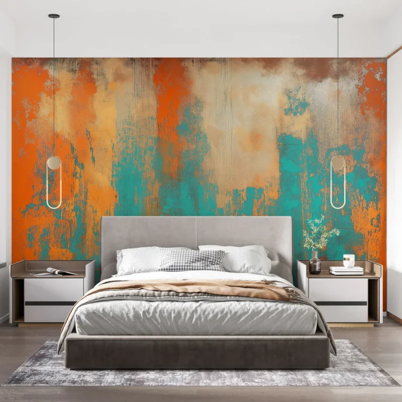 Papier peint abstrait Motif vibrant aux teintes orange et turquoise Nouvel Arrivage