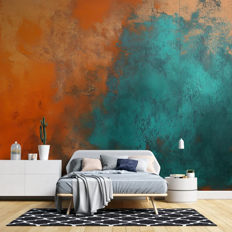 Expédition Rapide Papier peint abstrait Mélange vibrante d‘orange et de turquoise