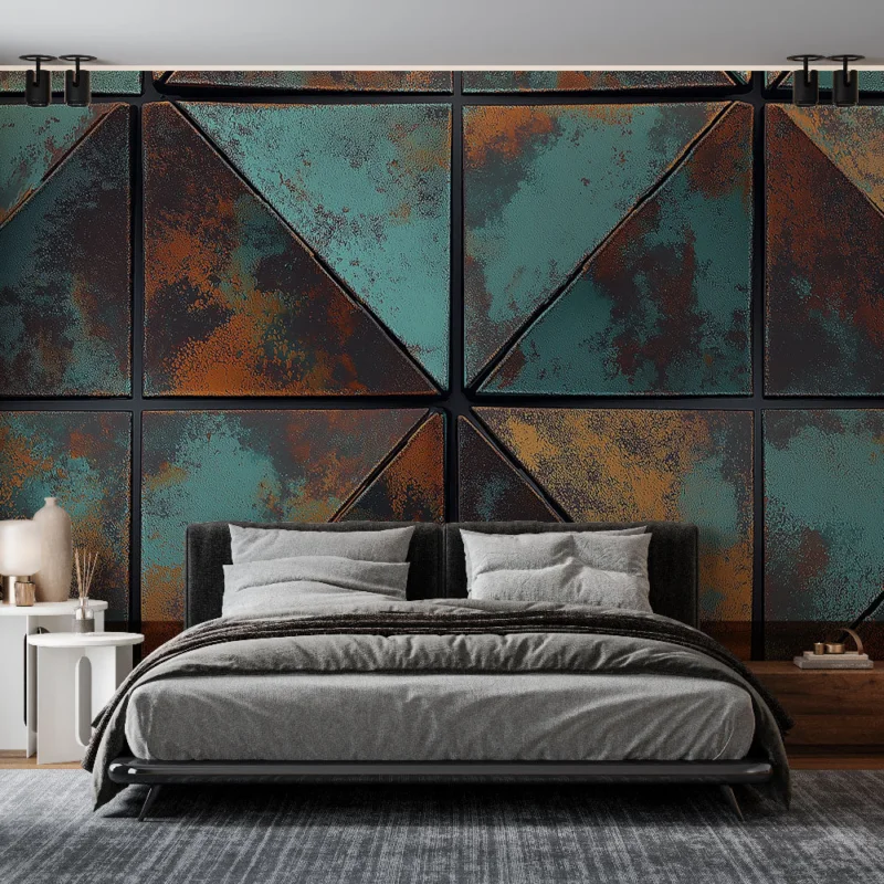 Papier peint carrelage cuivre Motifs triangulaires en teintes rouillées et aqua Meilleure Vente