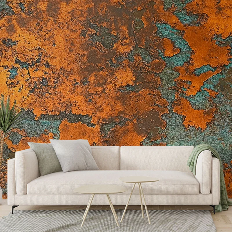 Nouvelle Collection Papier peint rouille Design texturé aux nuances d‘orange et bleu-vert