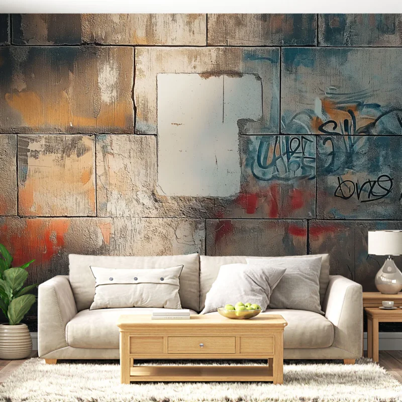 Affaire À Saisir Papier peint mural urbain Mur de briques avec graffiti coloré et traces de peinture
