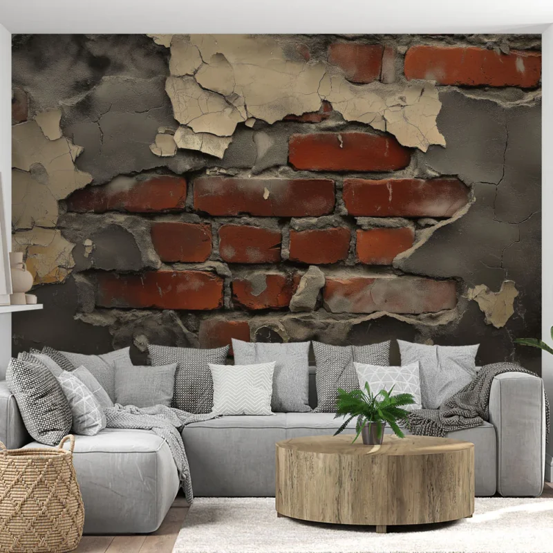 Papier peint brique vieillie Mur en briques rouges avec peeling et texture vintage Retour Gratuit