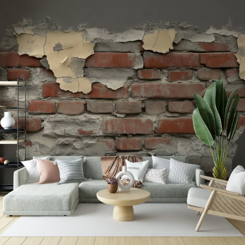 Certifié Papier peint briques dégradées Mur de briques usé avec peeling de peinture