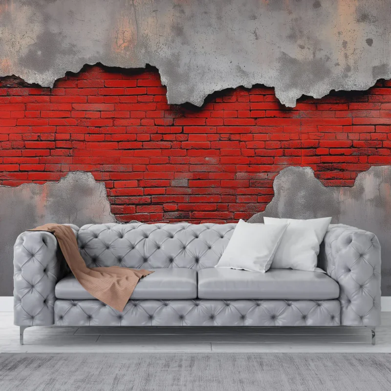 Papier peint brique rouge Mur en brique rouge et béton écaillé Certifié