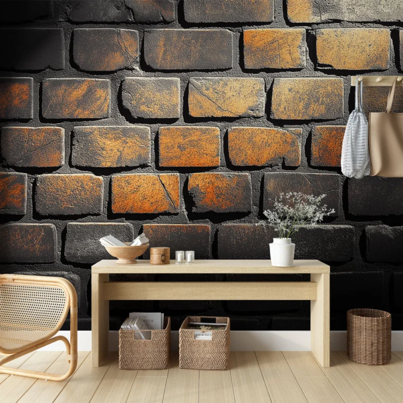 Papier peint brique noire Mur de briques texturé avec nuances de rouille Paiement Sécurisé