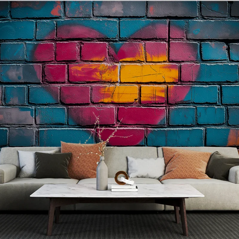 Papier peint graffiti Graphique vibrant avec un cœur coloré sur fond de briques Acheter En Ligne