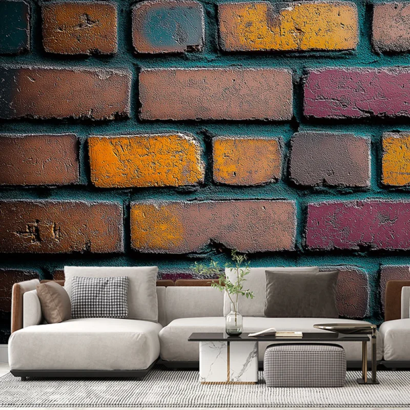 Papier peint brique colorée Mur de briques avec touches de couleurs vives Acheter En Ligne