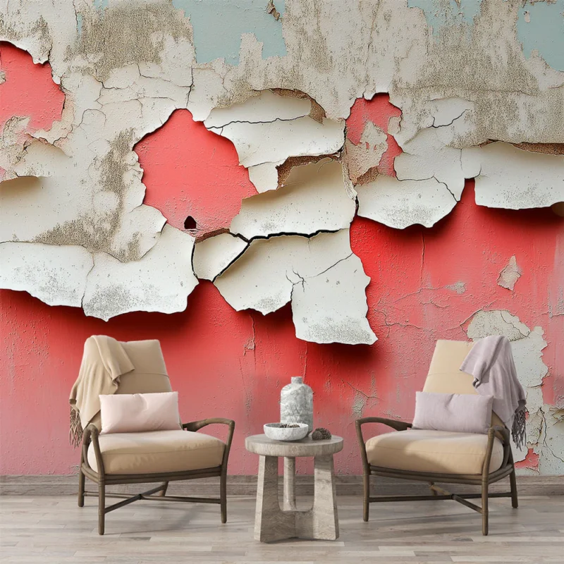 Papier peint effet écaillé Mur avec peinture écaillée et dégradé rouge Authentique