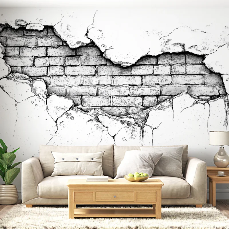 Nouveauté Papier peint mur de brique Détails réalistes d‘un mur ébréché avec briques exposées