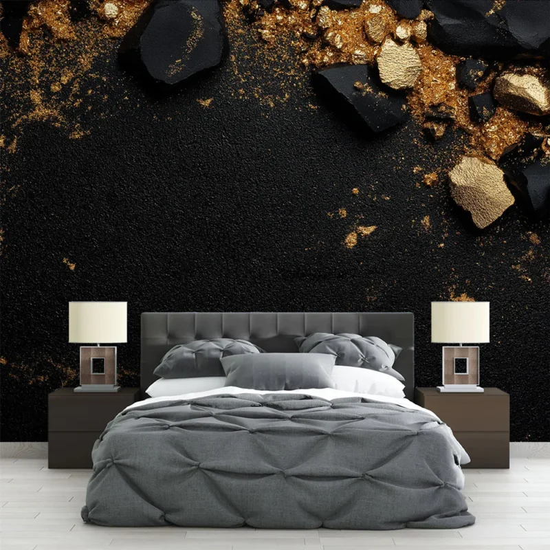 Nouveauté Papier peint doré et noir Éclats de doré sur fond noir texturé