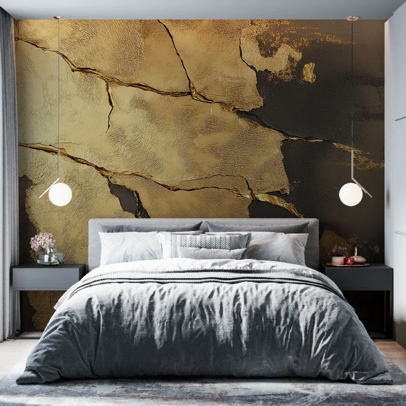 Papier peint doré Texture élégante avec fissures dorées sur fond noir Retour Gratuit