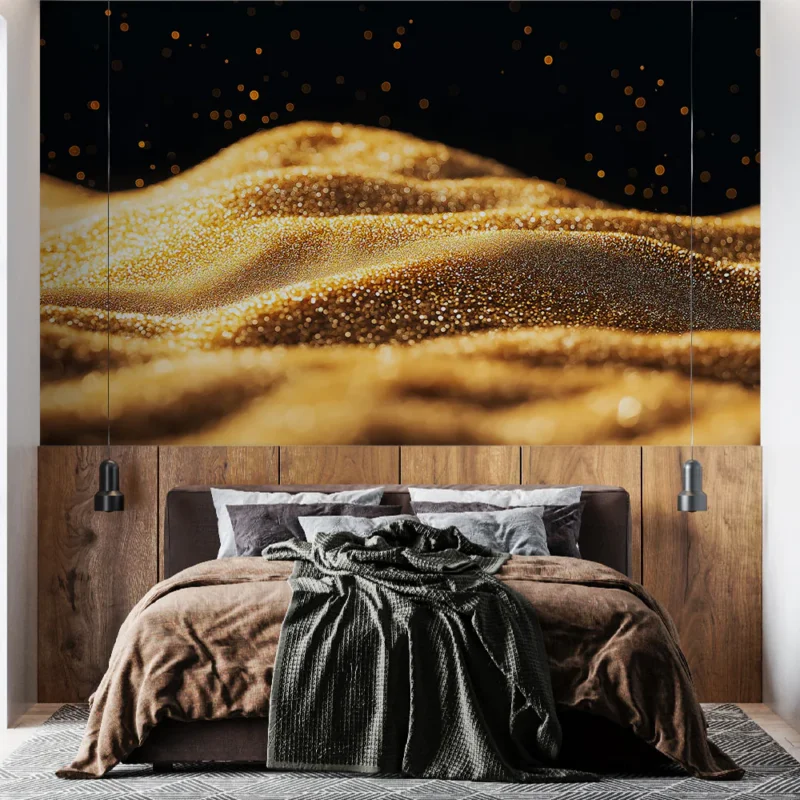 Papier peint doré scintillant Texture de paillettes dorées brillantes sur fond noir Offre Du Jour