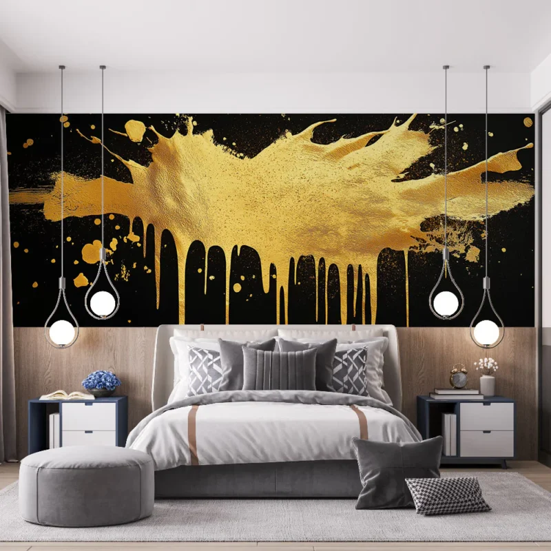 Bon Marché Papier peint éclaboussures dorées Design élégant avec des effets peintures dorées sur fond noir