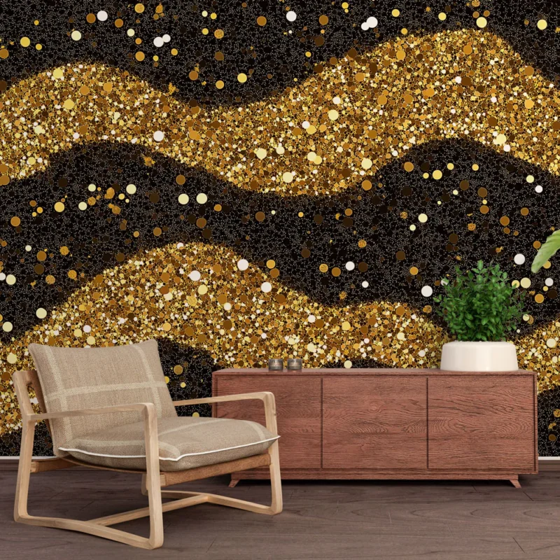 Must-Have Papier peint paillettes dorées Motif ondulé éclatant sur fond noir