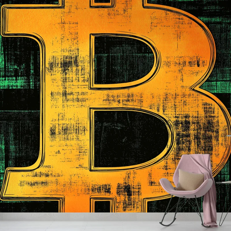 Papier peint Bitcoin Motif graphique représentant le symbole du Bitcoin sur fond noir Promotion Saisonnière