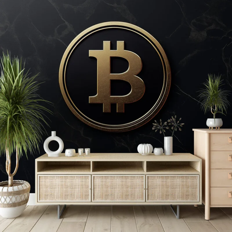 Papier peint Bitcoin Symbole doré sur fond noir élégant Prix Cassé