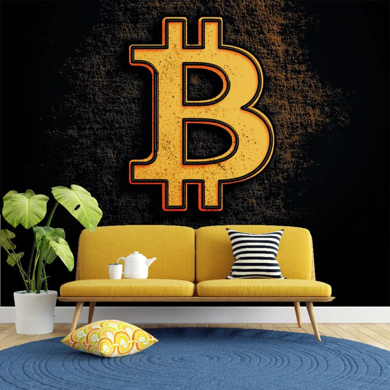 Nouvelle Collection Papier peint Bitcoin Symbole emblématique du Bitcoin en or sur fond sombre