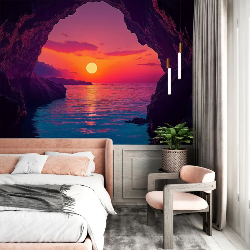 Papier peint coucher de soleil Vue magnifique d‘un coucher de soleil sur la mer depuis une grotte Prix Promo